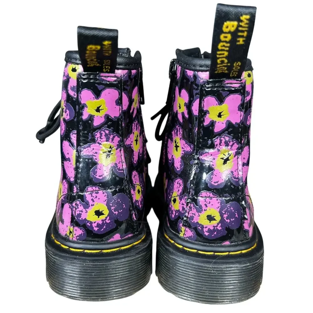 Dr. Martens Toddler Floral Black Patent Leather Combat Boots Size US 12
